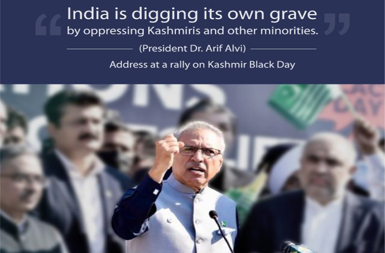 President Alvi addresses Kashmir Black Day rally in front of Parliament House