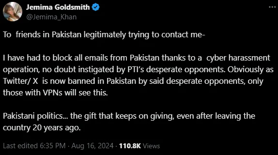 Here is why Jemima Goldsmith blocked all emails from Pakistan?
