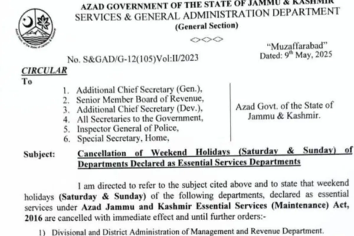 AJK Government Suspends Weekend Holidays for Essential Services Amid National Emergency