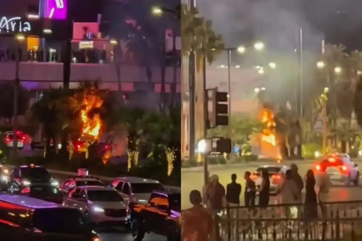 Blast Outside Aria Casino Sets Palm Trees Ablaze – Suspect Vehicle Seen Fleeing Scene