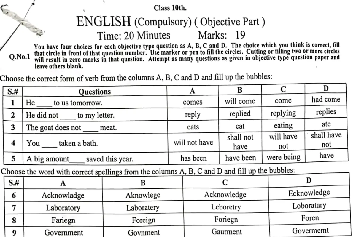 BISE Lahore 10th Class 2026 Model Paper for English Compulsory